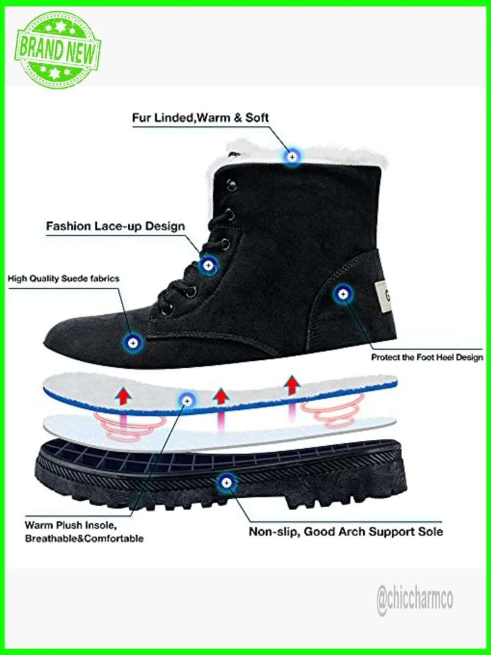 Warm Fur Lined Winter Snow Boots Ankle Lace Up Anti Slip Suede Outdoor Walking